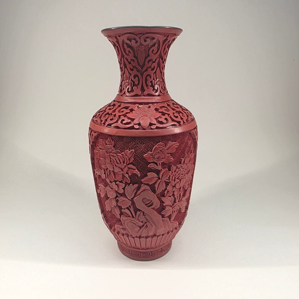 Vintage Chinese Carved Cinnabar Style Red Vase 9" Floral Asian Decor